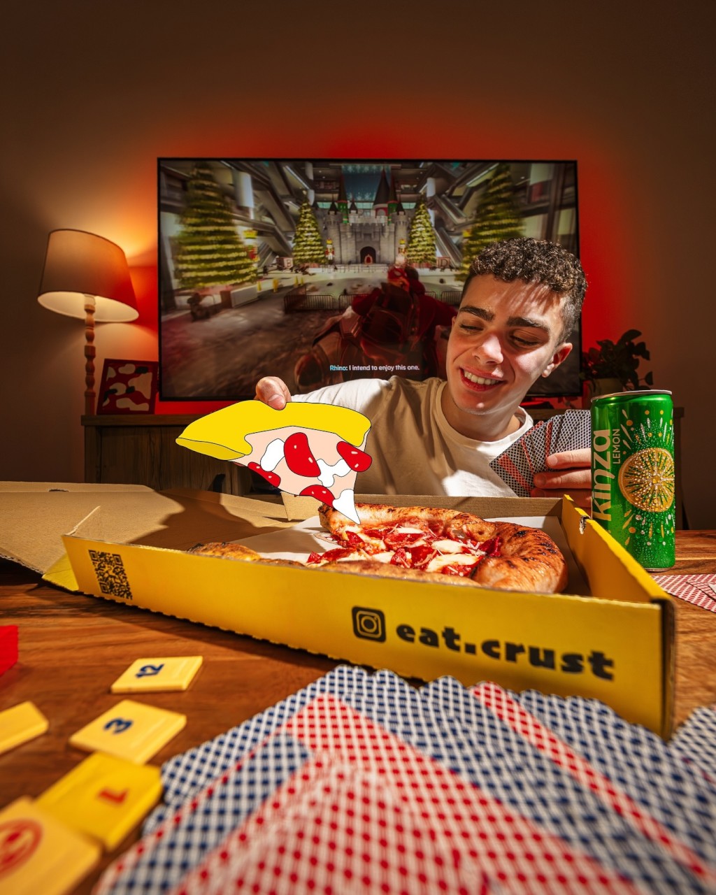 A guest enjoying Eat Crust with friends